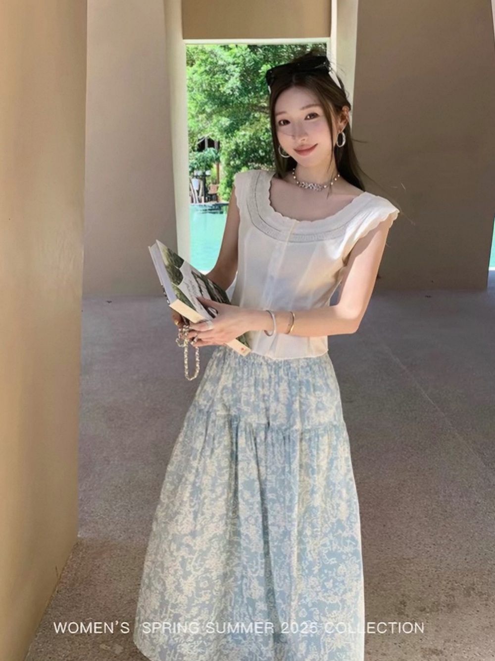Boutique Women's Cream Lace-Trim Top with Light Blue Floral Maxi Skirt